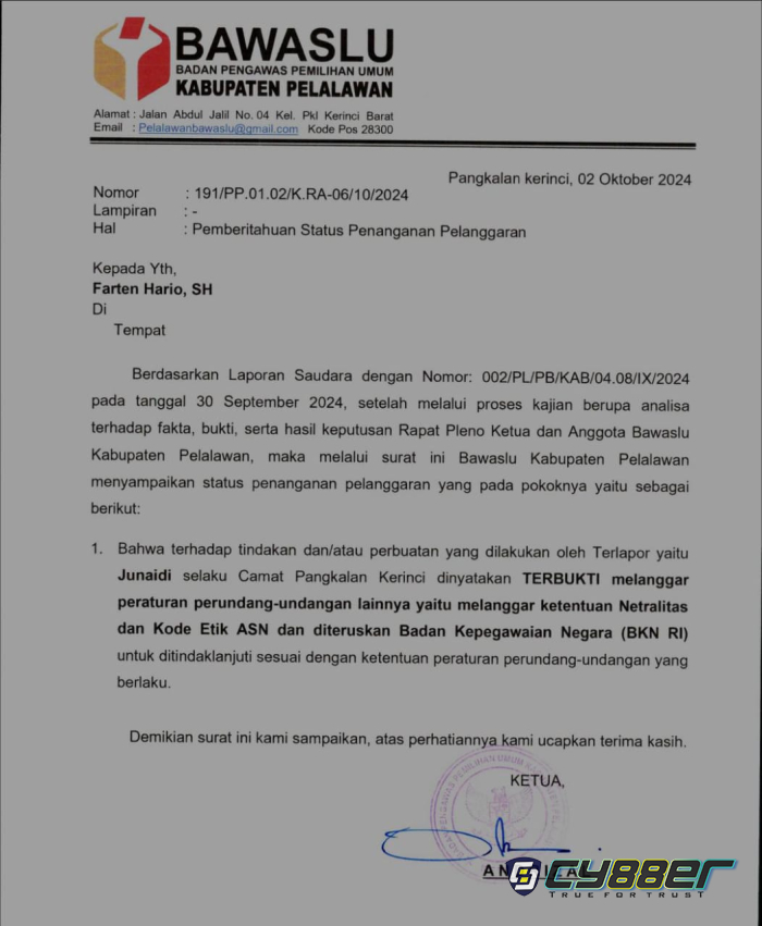 Camat Pangkalan Kerinci Terancam Sanksi Berat Akibat Pelanggaran Netralitas Pilkada 2024